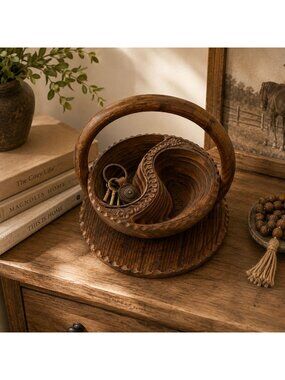 Beyond Woodwork Collapsible Wooden Basket Yin Yang Floral Paisley Handcrafted